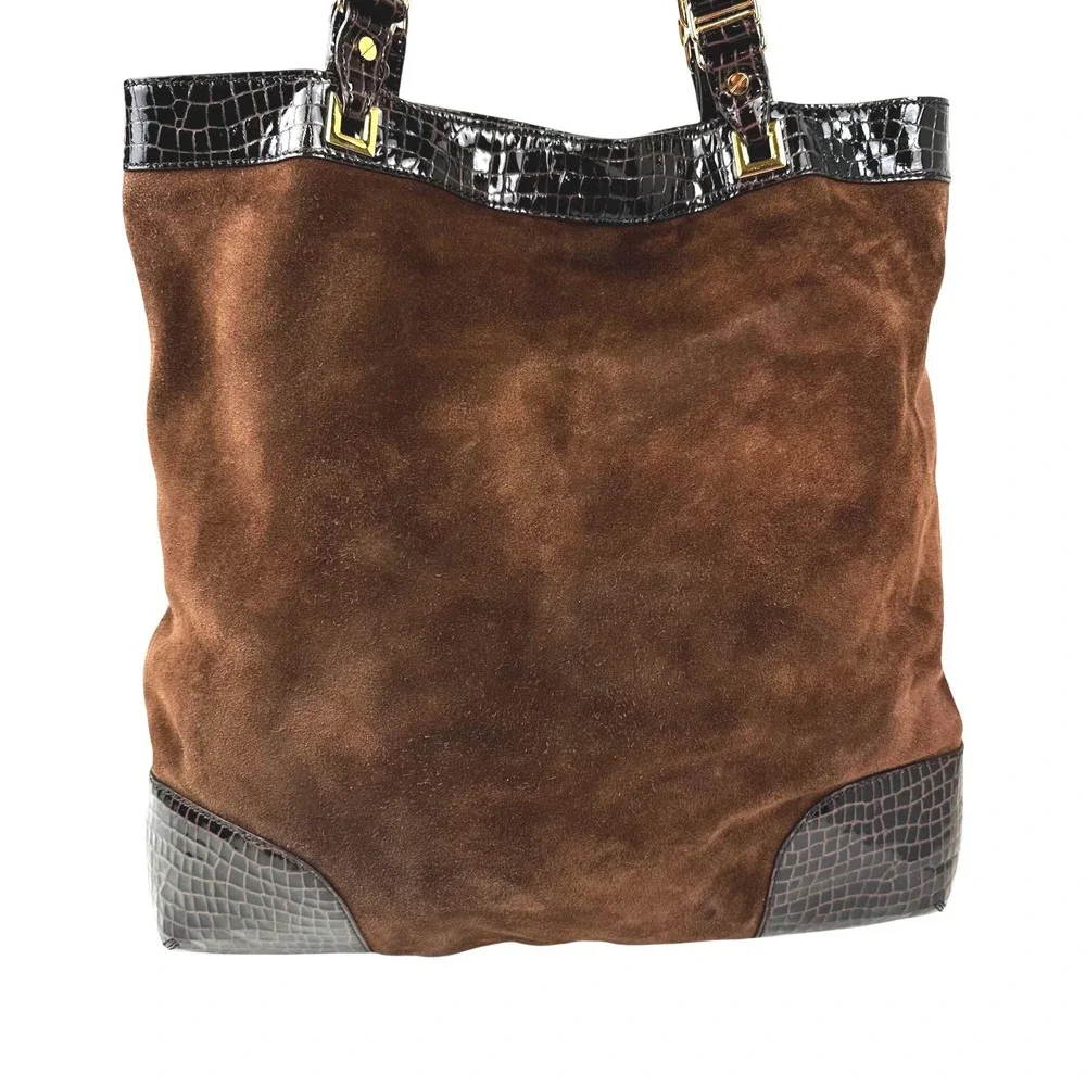 Tory Burch Espresso Suede Croc Embossed Satchel Shoulder Tote Bag Large Preowned